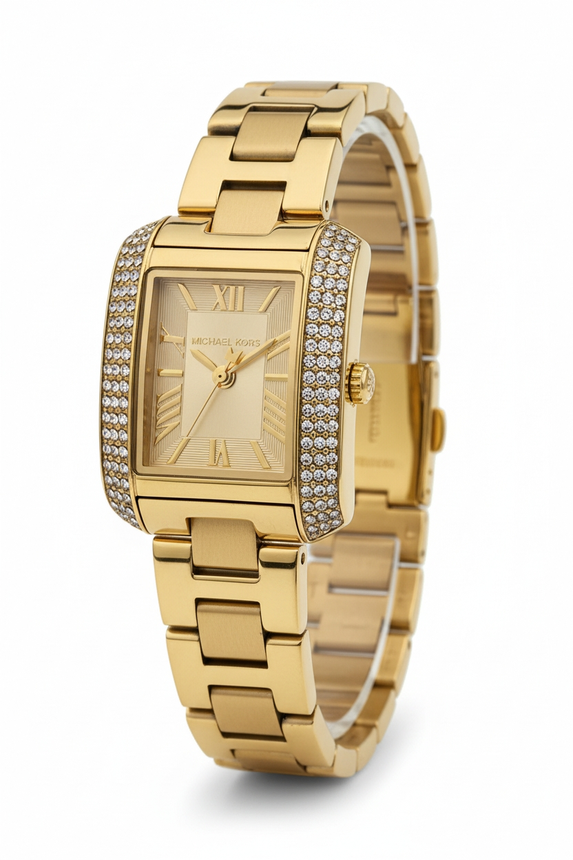 Michael Kors Crystal Emery Gold Tone Rectangular